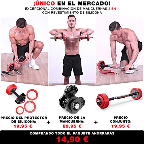 Sportstech Juego de Mancuernas 2en1 AH300 con Recubrimiento de Silicona y Barra Ajustable, Pesas Hierro Fundido de 20 kg / 30 kg, para Entrenamiento de Fuerza (Set de 15KG x 2)