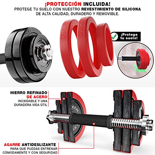 Sportstech Juego de Mancuernas 2en1 AH300 con Recubrimiento de Silicona y Barra Ajustable, Pesas Hierro Fundido de 20 kg / 30 kg, para Entrenamiento de Fuerza (Set de 15KG x 2)