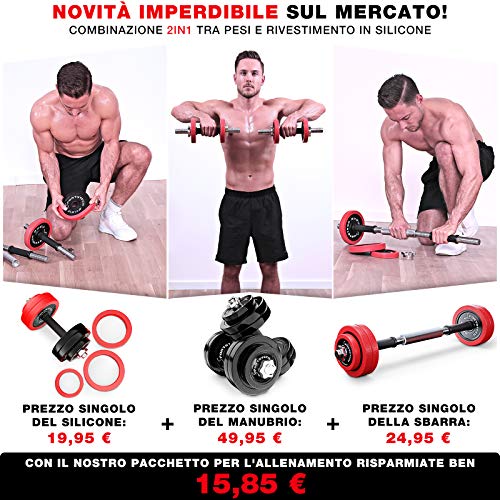 Sportstech Juego de Mancuernas 2en1 AH300 con Recubrimiento de Silicona y Barra Ajustable, Pesas Hierro Fundido de 20 kg / 30 kg, para Entrenamiento de Fuerza (Set de 15KG x 2)