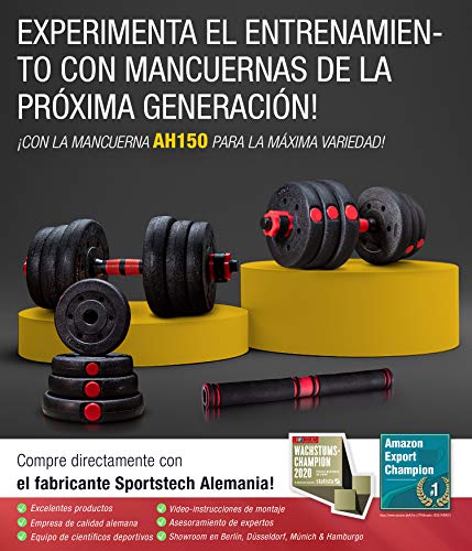 Sportstech Juego de Mancuernas innovadoras 2en1 AH150 | Mancuernas y Pesas | Set de Mancuernas de 20kg, 30kg y 40kg| Cierre de Seguridad + Conector Extra Largo 400mm | Fitness para Hombres y Mujeres