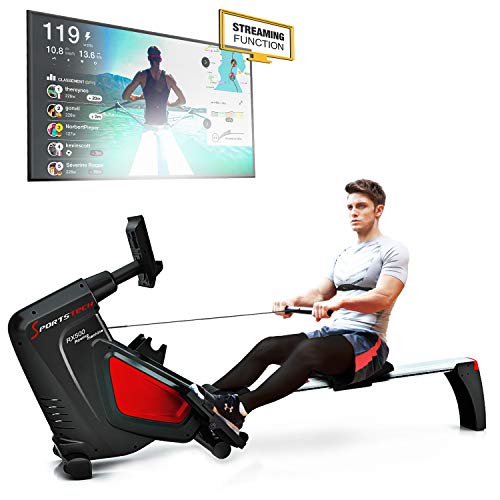 Sportstech RSX500 Máquina de Remo, Smartphone Control, App Fitness, 12 programas Remo + 4 cardíaca, 16 Niveles Resistencia, Modo competición, pulsómetro Incluido