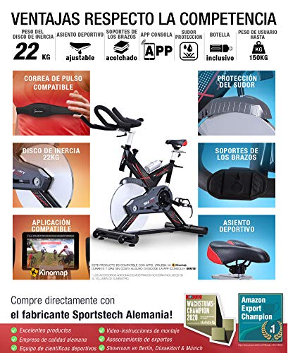 Sportstech SX400 Bicicleta estática Profesional con App Control para Smartphone, Kinomap, Disco de inercia de 22Kg con Sistema por Correa silencioso (SX400 sin Montar)