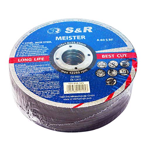 S&R 25 Discos de corte 125 Hierro Metal y Acero INOX .Set de 25 discos 125x 1 mm A60 S-BF para amoladora ángular