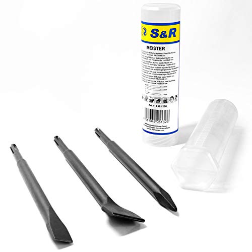 S&R Juego de 3 Cinceles SDS Plus: cincel Plano (14x250x20), Cincel Largo (14x250x40), Cincel a punta (14x250mm). Para mamposteria, hormigon, baldosas. S&R Juego de 3 Cinceles SDS Plus: cincel Plano (14x250x20), Cincel Largo (14x250x40), Cincel a punta (14x250mm). Para mamposteria, hormigon, baldosas.