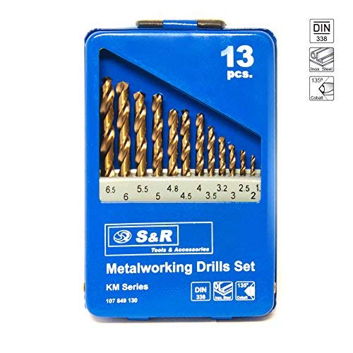 S&R Juego de brocas HSS COBALTO Rectificadas para metal 1,5-6,5 mm, 13 unidades, DIN 338, acero aleado con cobalto, corte tipo C según DIN 1412, 135 ° Caja metálica S&R Juego de brocas HSS COBALTO Rectificadas para metal 1,5-6,5 mm, 13 unidades, DIN 338, acero aleado con cobalto, corte tipo C según DIN 1412, 135 ° Caja metálica