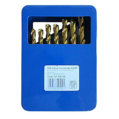S&R Juego de Brocas HSS Titanio Metal (1-10 mm) 135 ° serie TM DIN 338. Set de 19 Brocas Profesionales en Caja de Metal. S&R Juego de Brocas HSS Titanio Metal (1-10 mm) 135 ° serie TM DIN 338. Set de 19 Brocas Profesionales en Caja de Metal.