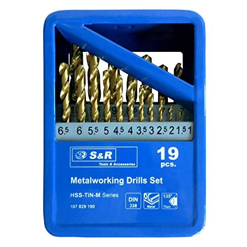 S&R Juego de Brocas HSS Titanio Metal (1-10 mm) 135 ° serie TM DIN 338. Set de 19 Brocas Profesionales en Caja de Metal. S&R Juego de Brocas HSS Titanio Metal (1-10 mm) 135 ° serie TM DIN 338. Set de 19 Brocas Profesionales en Caja de Metal.