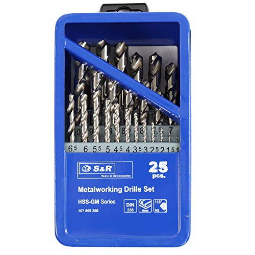 S&R Juego de brocas para metal Set 1-13mm 118 °, Caja con 25 Brocas Rectificadas, serie GM DIN 338, HSS - acero metal. Calidad profesional S&R Juego de brocas para metal Set 1-13mm 118 °, Caja con 25 Brocas Rectificadas, serie GM DIN 338, HSS - acero metal. Calidad profesional