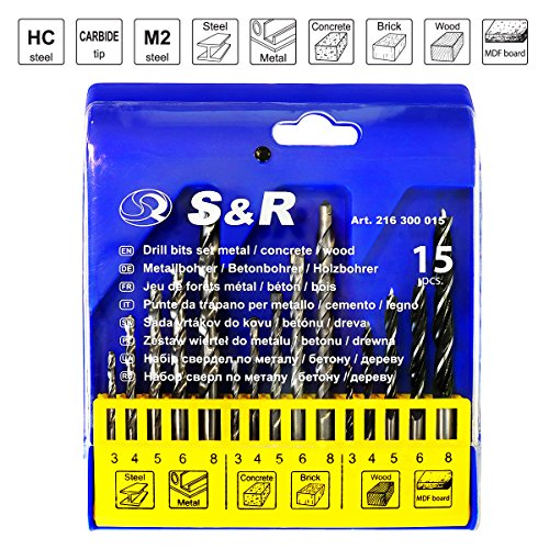 S&R Juego de Brocas para Pared y Hormigón / Metal / Madera. 15 Brocas Mixtas S&R Juego de Brocas para Pared y Hormigón / Metal / Madera. 15 Brocas Mixtas