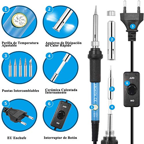 SREMTCH Soldadores de Estaño, 60W 220V Kit del Soldador de Temperatura Ajustable, 5pcs Puntas Diferentes, Soporte, Alambre de Soldadura para el Uso Diversamente Reparado SREMTCH Soldadores de Estaño, 60W 220V Kit del Soldador de Temperatura Ajustable, 5pcs Puntas Diferentes, Soporte, Alambre de Soldadura para el Uso Diversamente Reparado