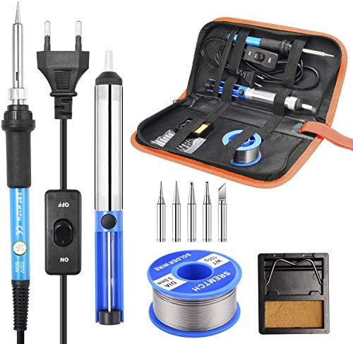 SREMTCH Soldadores de Estaño, 60W 220V Kit del Soldador de Temperatura Ajustable, 5pcs Puntas Diferentes, Soporte, Alambre de Soldadura para el Uso Diversamente Reparado SREMTCH Soldadores de Estaño, 60W 220V Kit del Soldador de Temperatura Ajustable, 5pcs Puntas Diferentes, Soporte, Alambre de Soldadura para el Uso Diversamente Reparado