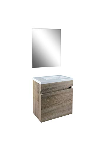 STARBATH PLUS Conjunto Mueble de Baño Suspendido MDF Lavabo Resina Espejo (Marron Nogal, 40 x 22 cm)