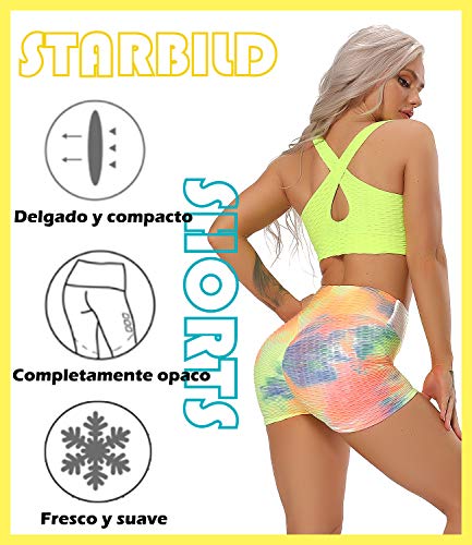 STARBILD Shorts de Fitness Moda Mallas Pántalones Cortos Deportivos de Skinny Elástico Alta Cintura para Mujer Yoga Gimnasio Rainbow Small