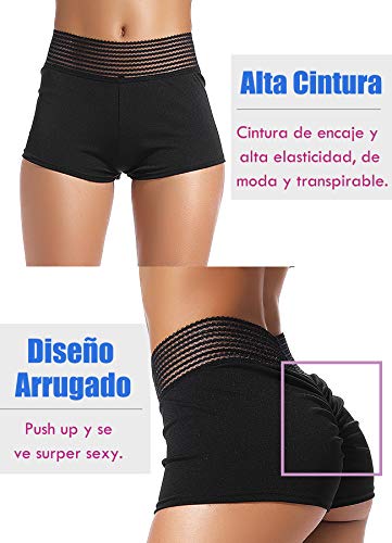 STARBILD Shorts Pantalones Cortos Deportivos Cintura Alta Elástica para Push UP Control de Barriga para Mujer Yoga Diario Correr Fitness Negro XL