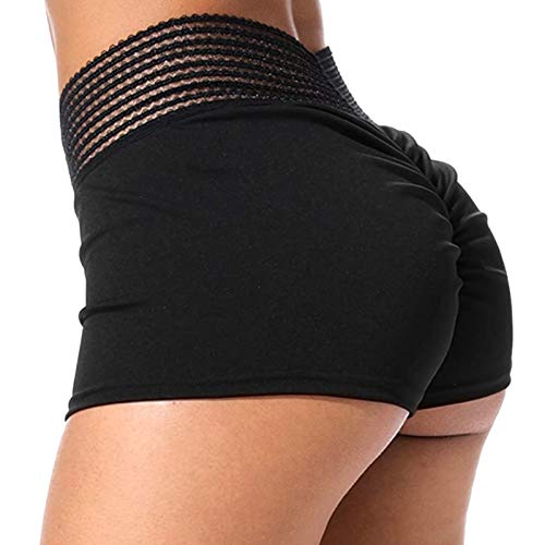 STARBILD Shorts Pantalones Cortos Deportivos Cintura Alta Elástica para Push UP Control de Barriga para Mujer Yoga Diario Correr Fitness Negro XL