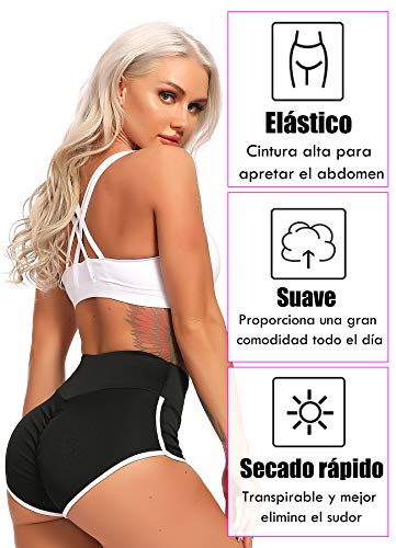 STARBILD Shorts Pantalones Deportes Cortos de Fitness Mallas para Mujer Elástico de Alta Cintura para Correr Gimnasio Gym #2 Sexy-Negro S