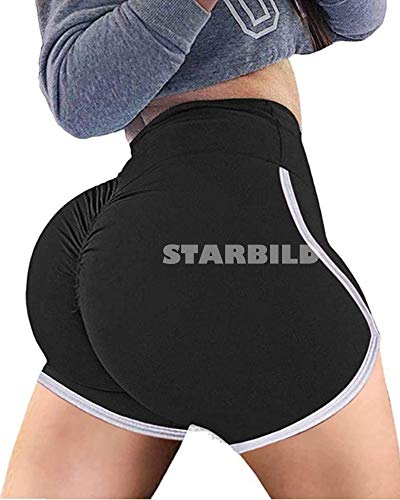 STARBILD Shorts Pantalones Deportes Cortos de Fitness Mallas para Mujer Elástico de Alta Cintura para Correr Gimnasio Gym #2 Sexy-Negro S