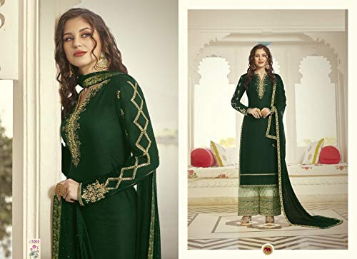 Step N Shop Mujeres Modal Satén Bordado Traje Palazzo Diseñador de Bollywood Indio Listo para Usar Elegante Fiesta Función de deshierbe Usar musulmán Traje Verde Oscuro Conjunto 4310 (L)