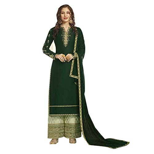 Step N Shop Mujeres Modal Satén Bordado Traje Palazzo Diseñador de Bollywood Indio Listo para Usar Elegante Fiesta Función de deshierbe Usar musulmán Traje Verde Oscuro Conjunto 4310 (L)