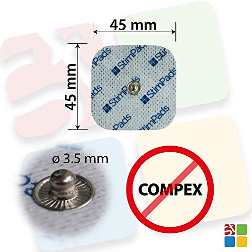 StimPads, 45X45mm, ECO-PACK de 12 unidades de alto rendimiento, electrodos TENS - EMS de larga duración con conector universal tipo snap de 3.5mm StimPads, 45X45mm, ECO-PACK de 12 unidades de alto rendimiento, electrodos TENS - EMS de larga duración con conector universal tipo snap de 3.5mm