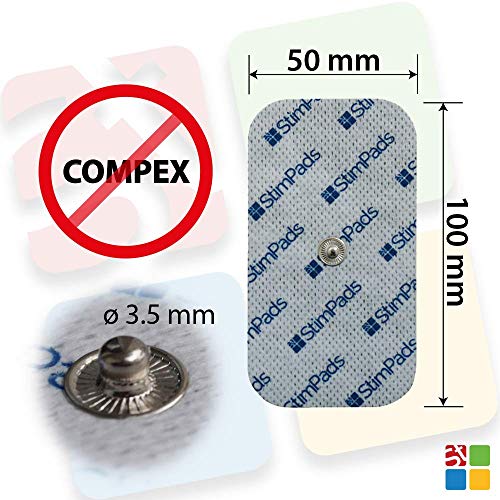 StimPads, 50X100mm, Pack de 4 Unidades de Alto Rendimiento, electrodos TENS - EMS de Larga duración con Conector Universal Tipo Snap de 3.5mm