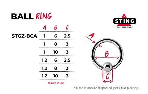 STING Piercing esterilizado, acero quirúrgico seguro, bola Ring – STGZ-BCA-1.2-8-3