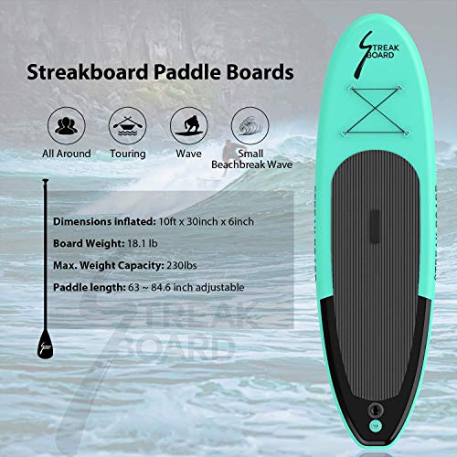 streakboard Tabla Hinchable, Stand-up Paddle Surf de Sup, Grosor hasta 15cm,Cubierta Antideslizante, Incluida Mochila, Correa, Remo y Bomba de Mano, Carga hasta 130kg, para Todos los Niveles… (Verde)