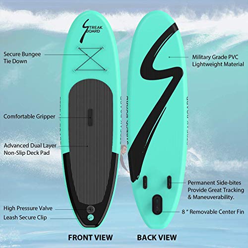 streakboard Tabla Hinchable, Stand-up Paddle Surf de Sup, Grosor hasta 15cm,Cubierta Antideslizante, Incluida Mochila, Correa, Remo y Bomba de Mano, Carga hasta 130kg, para Todos los Niveles… (Verde)