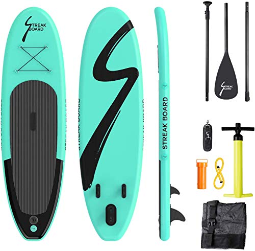 streakboard Tabla Hinchable, Stand-up Paddle Surf de Sup, Grosor hasta 15cm,Cubierta Antideslizante, Incluida Mochila, Correa, Remo y Bomba de Mano, Carga hasta 130kg, para Todos los Niveles… (Verde)