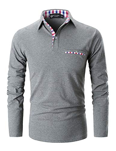 STTLZMC Casual Polo Hombre Mangas Largas Camisetas Deporte Algodón Clásico Plaid Cuello,Gris,XX-Large