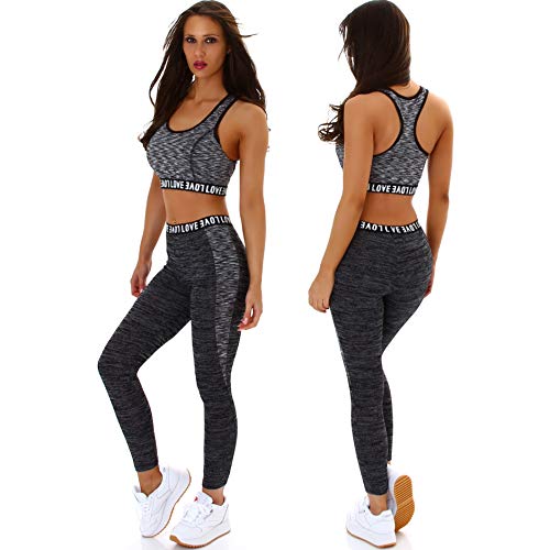 StyleLightOne - Conjunto de camiseta y mallas de cintura alta para fitness, deporte y tiempo libre, dos piezas, dos colores, elástico (36) (2) Set negro. 38