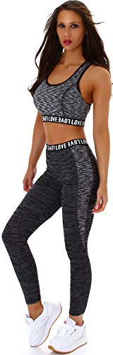 StyleLightOne - Conjunto de camiseta y mallas de cintura alta para fitness, deporte y tiempo libre, dos piezas, dos colores, elástico (36) (2) Set negro. 38