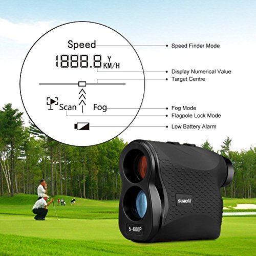 SUAOKI - 600m Telémetro de Golf, Telémetro Prismático Profesional Monocular Medidor de Distancia Larga, 6X Aumento,con Bloqueo de bandera, Distancia, Medición de Velocidad, Negro