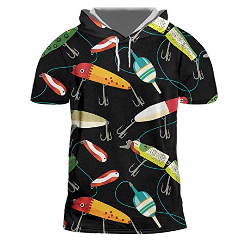 Sudadera con Capucha para Hombre, con Capucha y Estampado de Dibujos Animados, caña de Pescar 3D con Capucha de Manga Corta Cartoon Fish Pole XXXL