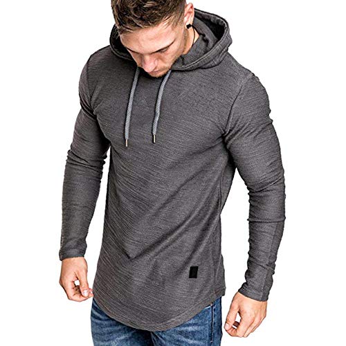 Sudadera con Capucha para Hombre Top Camiseta Deportiva de Manga Larga Jersey Ajustado de Color Sólido Pullover Sweatshirt Casual de Entranamiento (Gris, L)