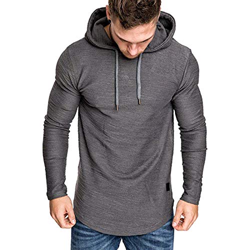 Sudadera con Capucha para Hombre Top Camiseta Deportiva de Manga Larga Jersey Ajustado de Color Sólido Pullover Sweatshirt Casual de Entranamiento (Gris, L)