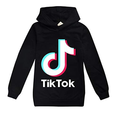 Sudadera con logotipo de Tik Tok, con capucha, de estilo deportivo, ideal para actividades deportivas al aire libre, unisex, prenda exterior, para niños, niñas, (color negro, para 9 - 10 años)