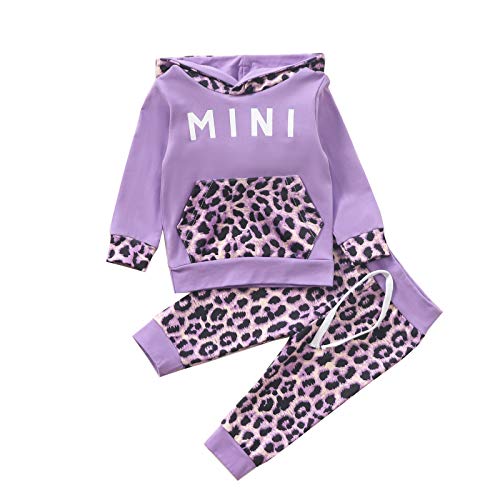 Sudaderas con Capucha para niñas pequeñas, chándales, Sudadera con Capucha de Color sólido, suéter, Pantalones Largos, chándal, Conjunto de 2 Piezas (Purple Leopard,18-24 Meses)