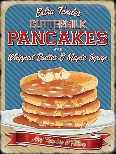 Suero de mantequilla Pancakes con whipped butter y arce jarabe. Cualquier topping y relleno. Americano / Canadiense desayuno. Retro vintage viejo diseño Anuncio 50's. Ideal para casa, hogar, bar, Café, cocina, tienda o pub, B&B o hotel. Metal/Cartel De Ac