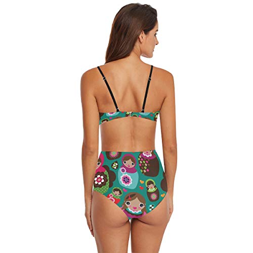 SUGARHE Traje de baño para Mujer,Fondo de ilustración de muñeca Rusa Retro inconsútil,Conjunto de Bikini para niñas Dividido(S)