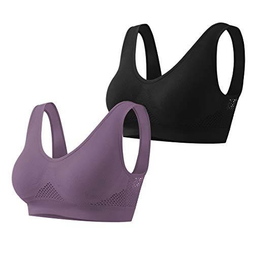 Sujetador Deportivo para Mujeres Bra con Almohadillas Extraíbles para Correr Sin Costuras Yoga Ropa Negro Blanco Nude Violeta Rojo, 2 Piezas