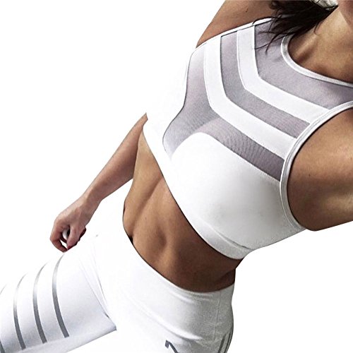 Sujetadores Deportivos Fitness Mujer Push up Sport BH con Aplicaciones de Malla y Patch (Blanco, Medium)