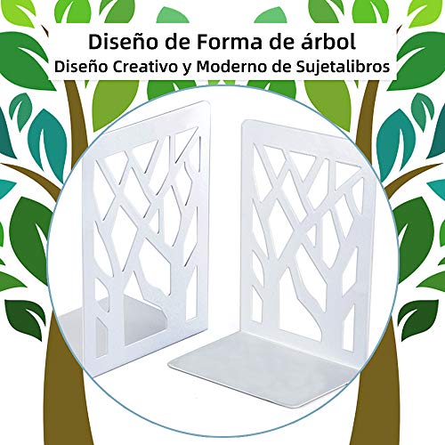 Sujetalibros, Sujeta Libros, Oficina Soporte Libros, Sujetalibros Originales, Sujeta libros Estanteria de Metal, Sombra del árbol Apoya Libros, Infantil, Escuelas, Decoración Del Hogar, Blanco 2 Pares