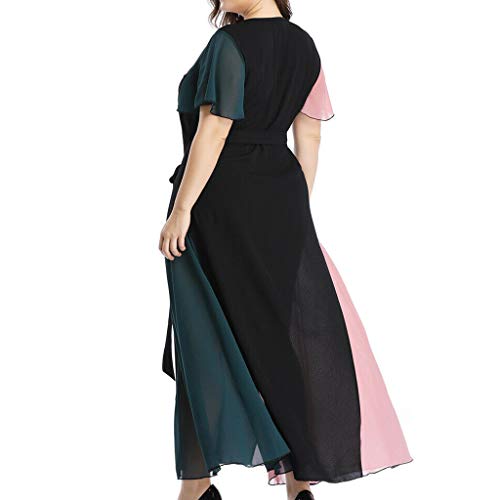 Sulifor Vestido de Gasa más tamaño con Cuello en v,Vestido ata para Arriba,Vestido de Remiendo de Manga Corta,Vestido Elegante de Verano