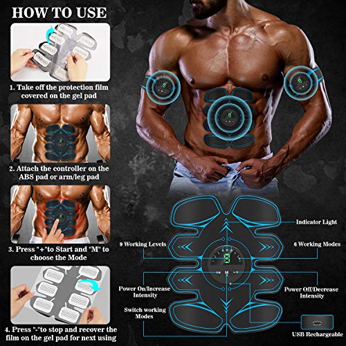 SUNGYIN EMS - Estimulador muscular de abdominales ABS, dispositivo de entrenamiento profesional USB, electroestimulación eléctrica abdominal, cinturón de fitness para mujeres y hombres (8 unidades)