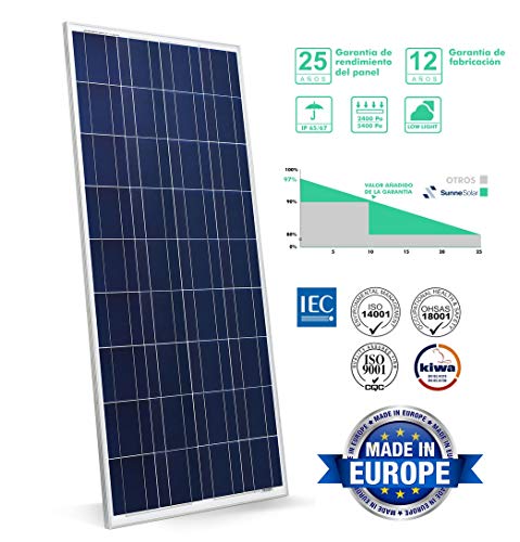 SunneSolar - Panel Solar de Policristalino con 60 células 280W 24V ideal para vivienda habitual chalets e instalaciones en casas de campo. Fabricado en Europa