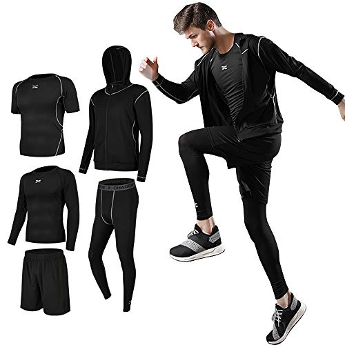 Superora 5 Piezas Conjunto de Ropa Deportiva Hombre Camisetas Pantalon Corto Deporte Ropa Secado Rápido Traje Deportivo Elástico Cremallera Suave Correr