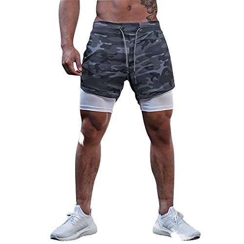 Superora Pantalones Cortos Hombre Deporte Chándal Deportivos Compresión Interna con Bolsillo Incorporado y Bolsillo Transpiración de Secado Rápido Camuflaje Gris