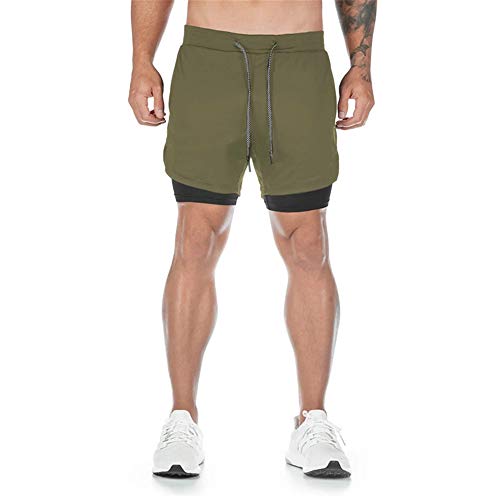 Superora Pantalones Cortos Hombre Deporte Chándal Deportivos Compresión Interna con Bolsillo Incorporado y Bolsillo Transpiración de Secado Rápido Verde Militar