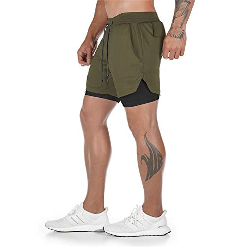 Superora Pantalones Cortos Hombre Deporte Chándal Deportivos Compresión Interna con Bolsillo Incorporado y Bolsillo Transpiración de Secado Rápido Verde Militar